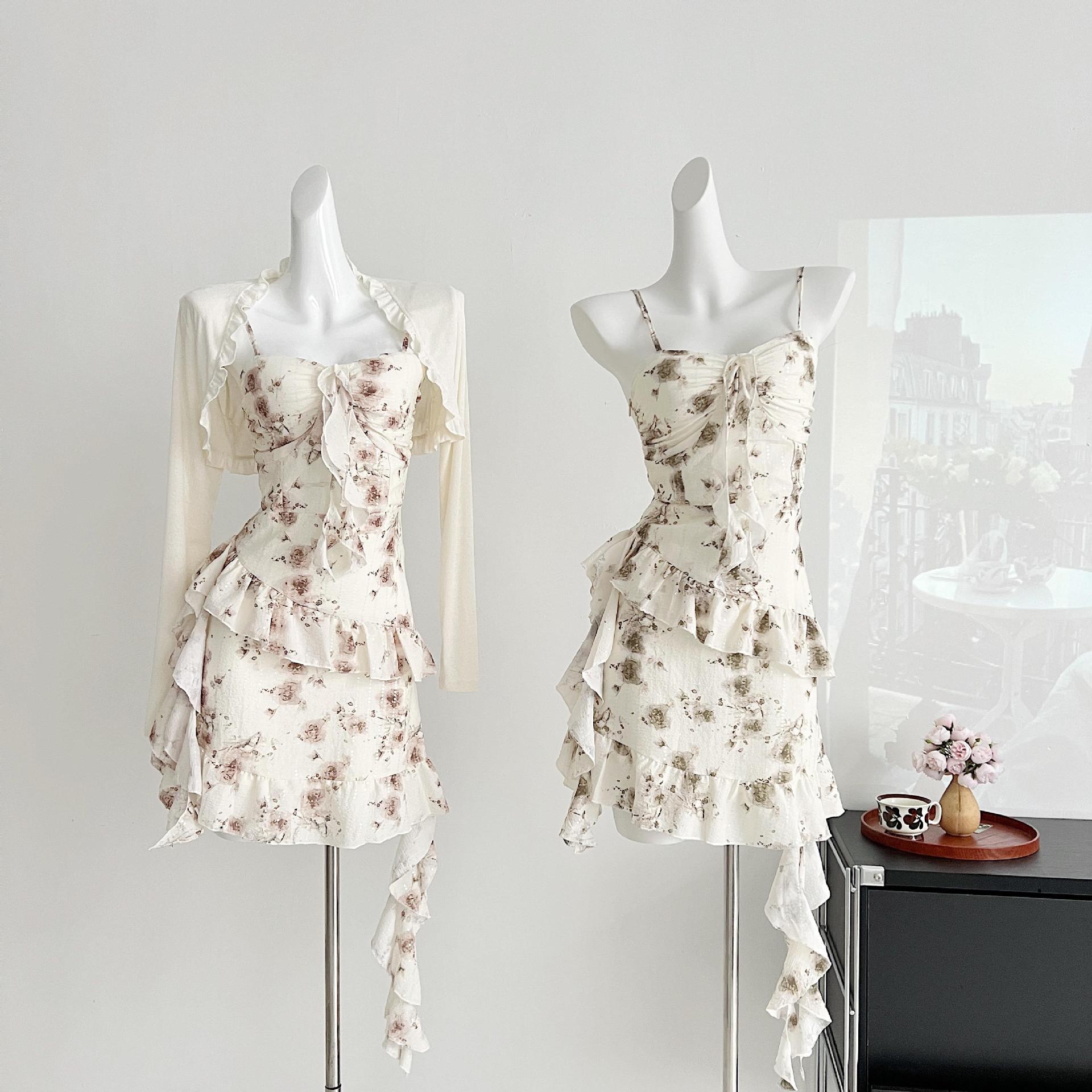 法式纯欲风碎花吊带裙套装女2024性感抹胸荷叶边吊带裙两件套雪纺