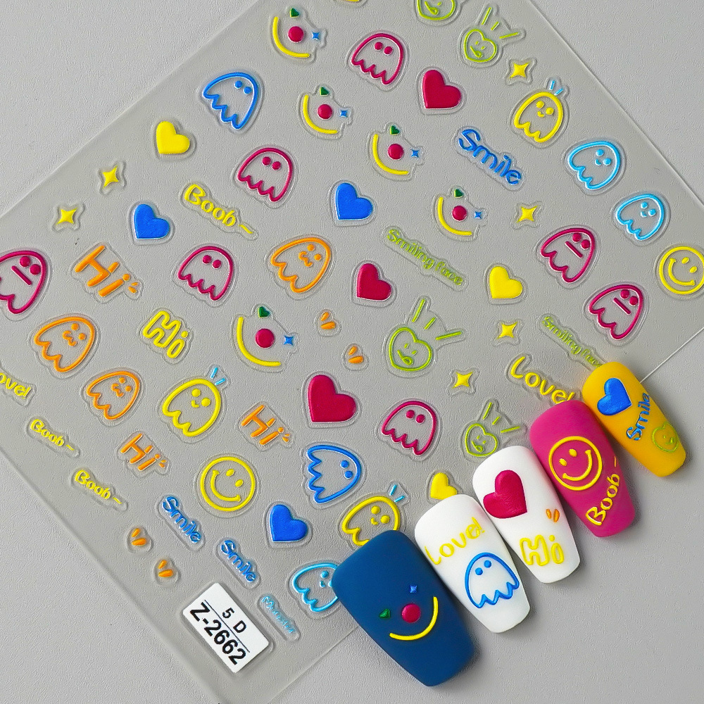 跨境浮雕热款背胶可爱美甲贴贴纸5d指甲贴纸刺绣太阳花可爱美甲