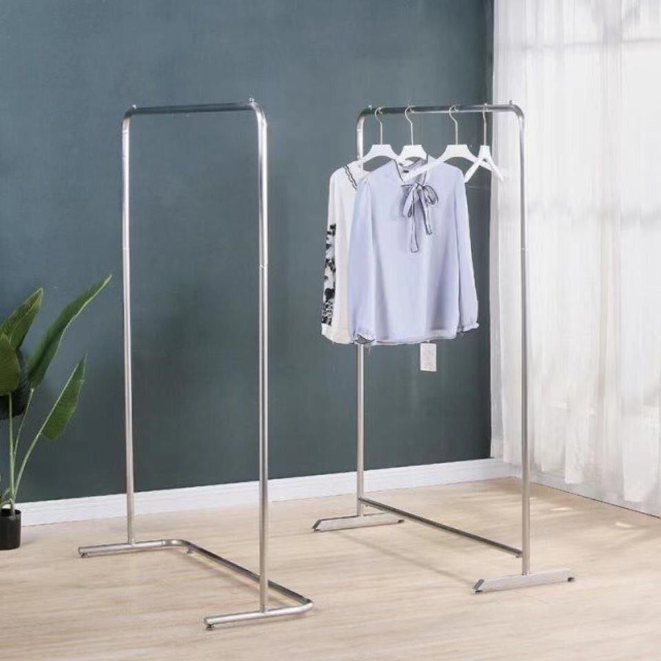 服装店展示架不锈钢拉丝银色简约中岛落地带轮子货架挂衣杆陈架内