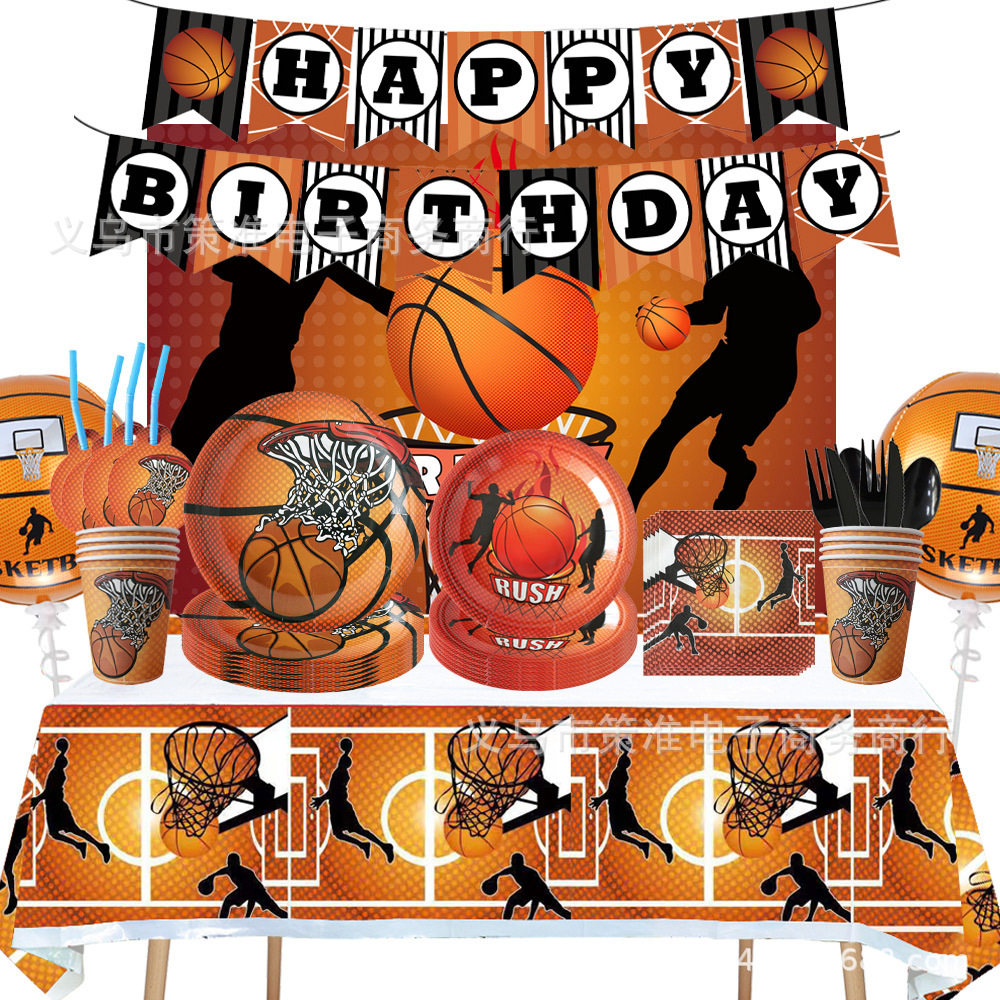 Cross-Border Party Spot Basketball Party Tableware Set Basketball Disposable Paper Tray Paper Cup School Party Decoration