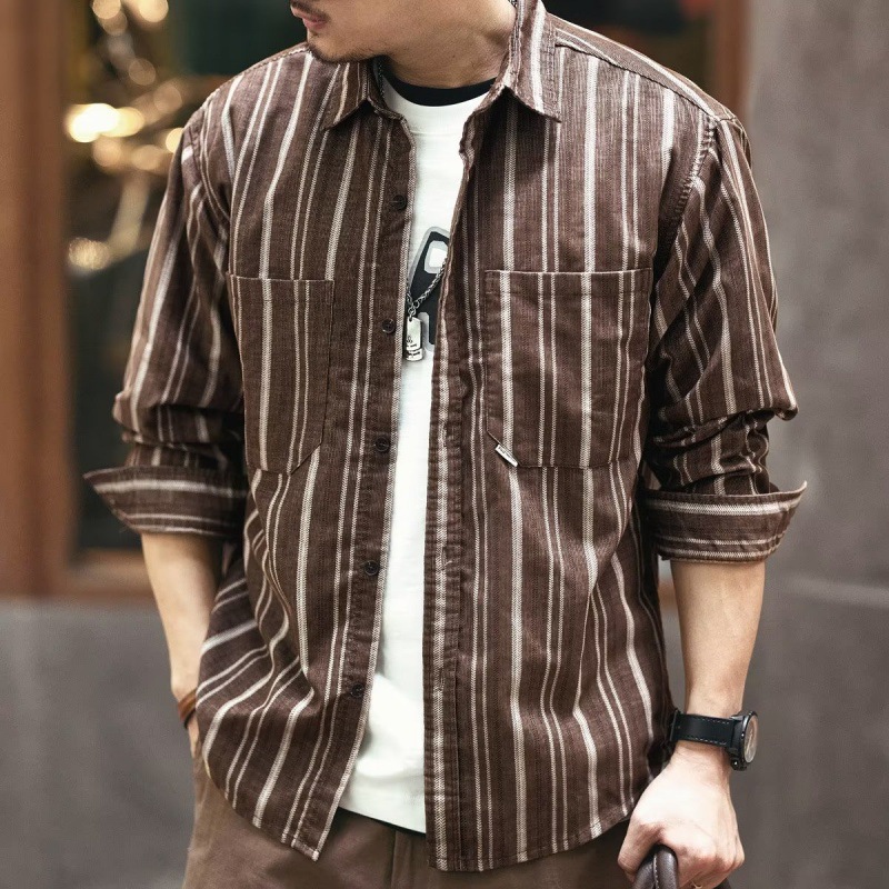 灯芯绒日系复古男士条纹长袖衬衫秋季潮牌宽松休闲痞帅工装衬衣男