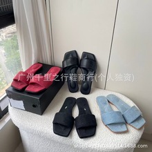 外贸AW2025款复古牛仔方头平地一字拖露趾户外凉鞋平底女款凉拖鞋
