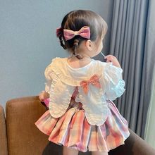 新款兔耳朵短袖衬衫女宝宝女童短裙套装可爱娃娃领荷叶领夏款