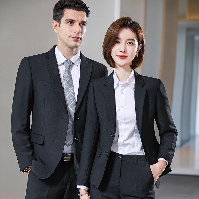 职业装男女同款西装套装商务教师韩版修身粘纤西服三件套工作西装