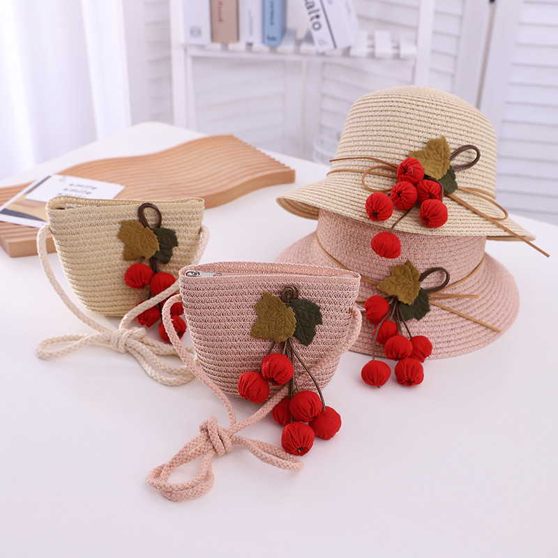 2024 Korean Style Fresh String of Red Children's Straw Hat Summer Girl Travel Sun-Proof Sun Hat Bag Set