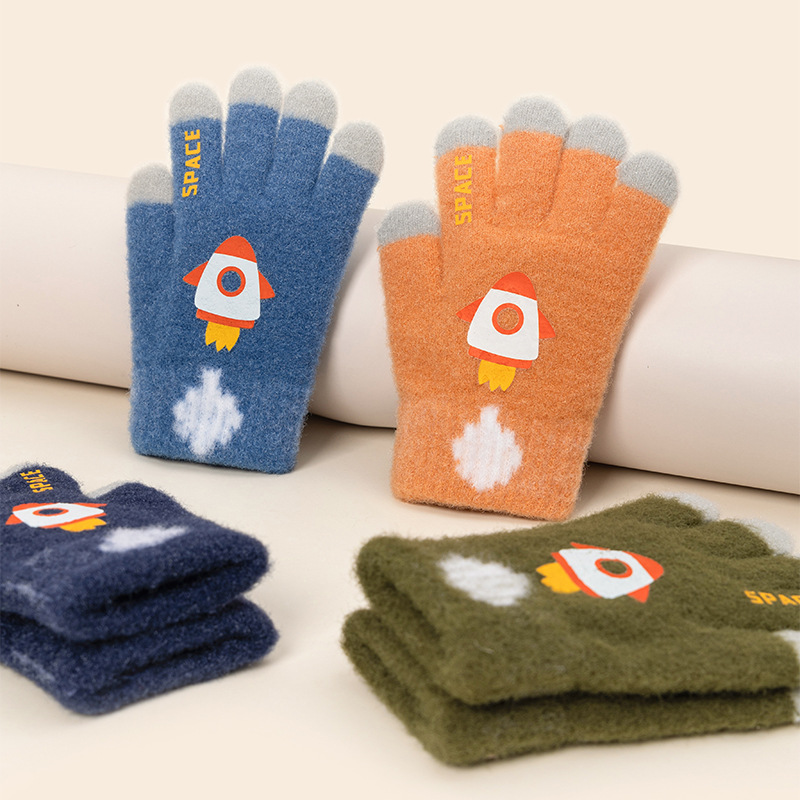 Children's Five-Finger Gloves Wholesale Autumn and Winter Knitted Wool Cold-Proof Warm Boy Cartoon Rocket Baby Girl Cute