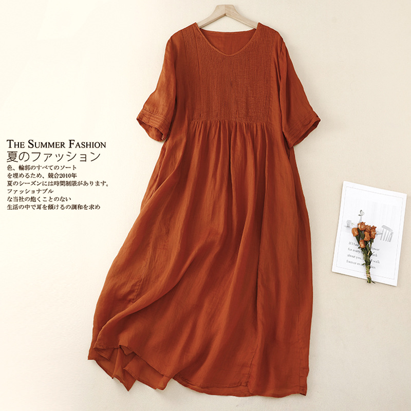 2023 Summer New Retro Japanese Cotton and Linen Women's Large Size Organ Pleated V-neck Loose Artistic Short Sleeve Dress