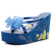 蝴蝶结坡跟拖鞋女夏外穿11cm厚底防滑凉拖Women's flip flops跨境