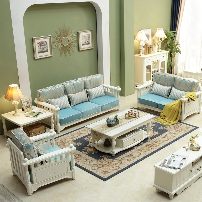 现代简约美式实木沙发单双三人组合欧式地中海小户型象牙白沙发