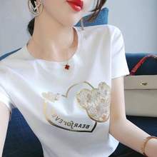 白色短袖t恤女春装2023跨境设计感小众金色印花圆领短袖恤上衣
