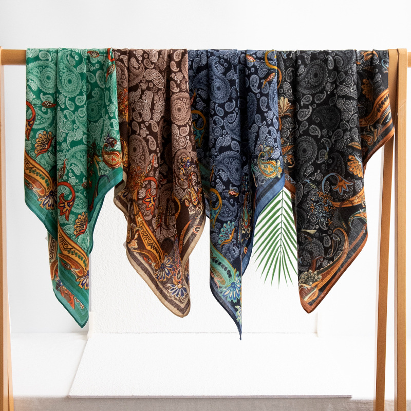 文艺复古小方巾腰果花仿真丝丝巾女防晒护颈围脖可搭配衬衫职业装