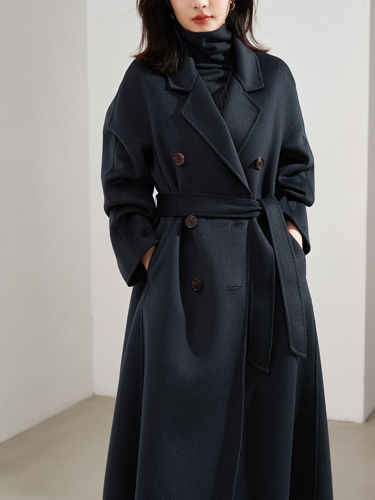 Classic Temperament Commute Double Breasted Reversible Cashmere Coat Women's Long Tie Type a Lapel High-End Woolen Coat