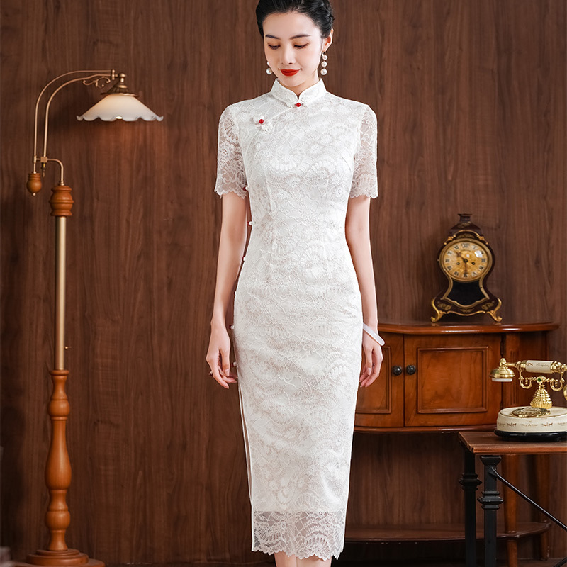 妈妈礼服装复古民国风蕾丝碎花婚宴喜婆婆气质婚礼服旗袍连衣裙女