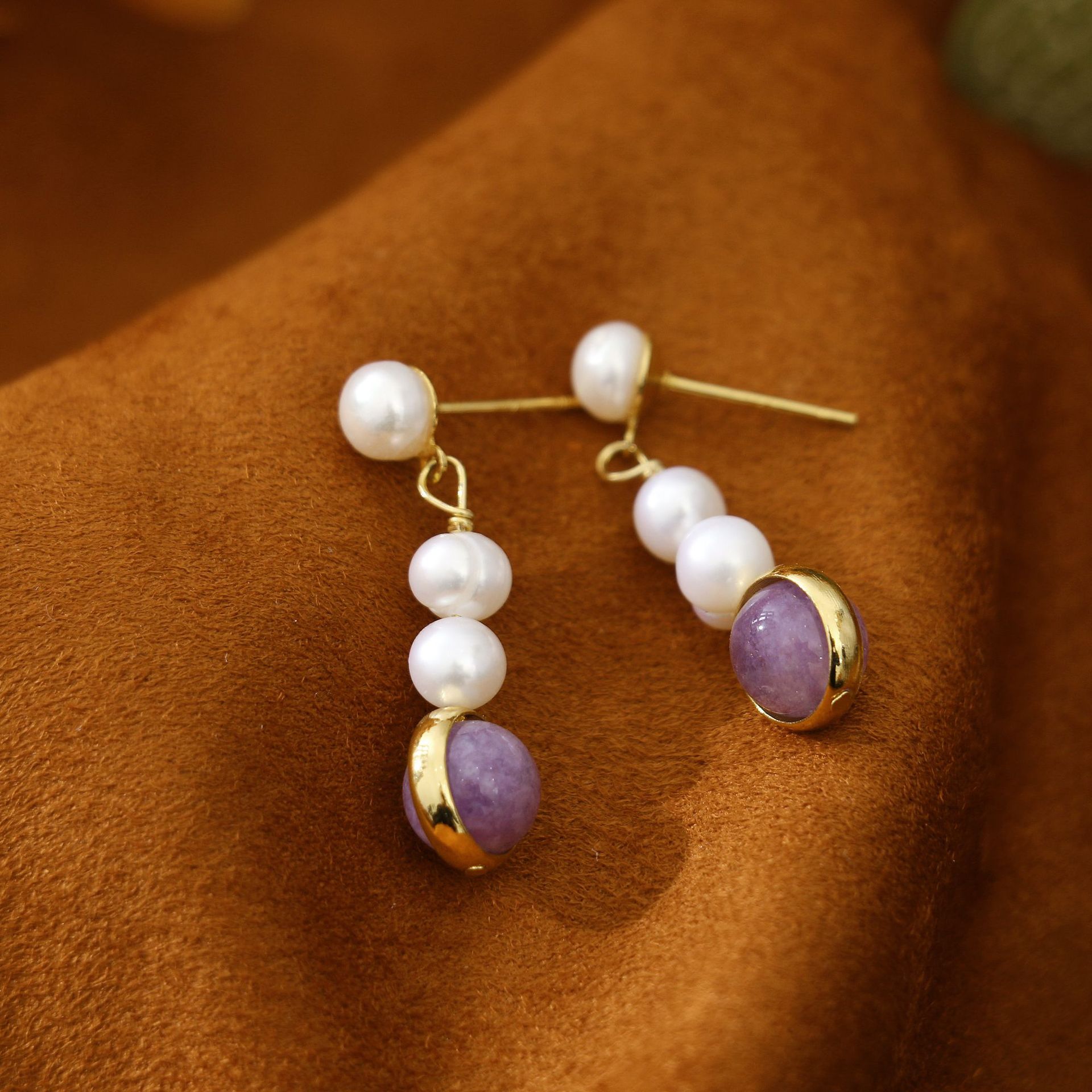 Retro High-Grade Purple Jelly Stone Freshwater Pearl Earrings Korean Elegant Light Luxury Artistic Autumn and Winter Niche Earrings