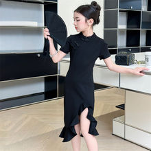 女童新中式改良黑色收腰旗袍复古小众设计感气质鱼尾包臀连衣裙夏
