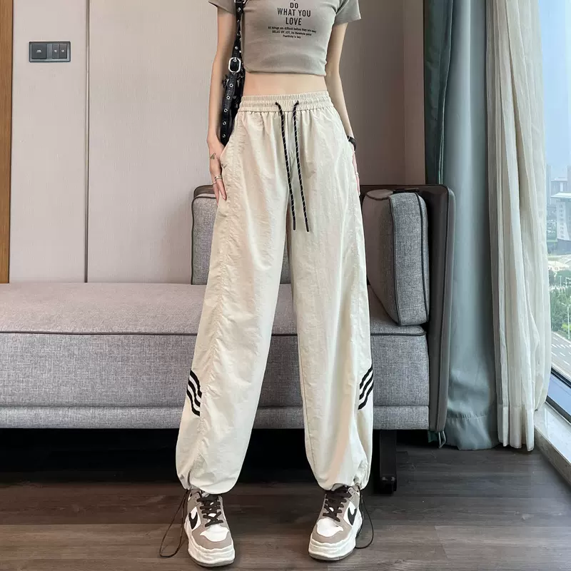 美式冰丝速干工装裤女夏黑色侧条杠束脚阔腿裤抽绳两穿休闲运动裤