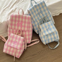 韩版学院风格纹双肩包包女休闲小众设计蝴蝶结背包高级感手提包