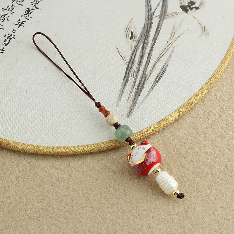 Chinese Style Mobile Phone Lanyard Ceramic Cat Freshwater Pearl Mobile Phone Charm Men and Women Creativity Cartoon Small Pendant Pendant