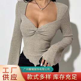 跨境新款欧美Y2K性感辣妹潮流喇叭袖收腰不规则针织长袖上衣批发