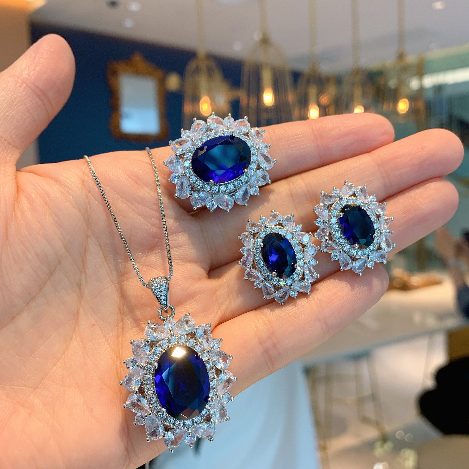 Zhuang Sheng Jewelry European and American Retro Style Simulation Tamsang Sapphire Set Pendant Ring 12*16 Ear Studs 8*12