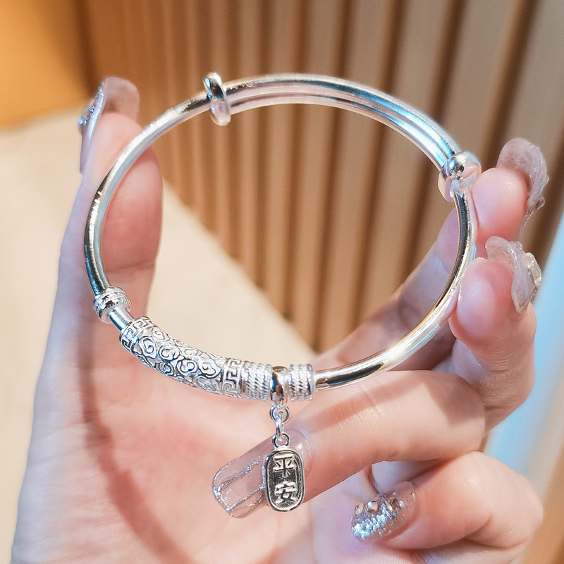 平安喜乐银手镯女s9999纯银手镯实心年轻款可调节足银镯子送女友