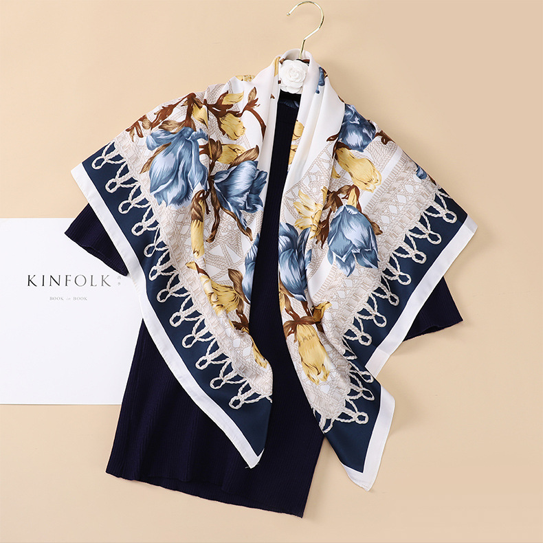 Early Autumn New Twill Silk 90 Square Scarf Female Flower Fashion Thin Decorative Scarf Air Conditioning Shawl Scarf Wholesale