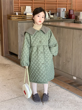 韩版儿童外套秋冬新款女童洋气大翻领绗棉格纹加厚保暖中长款棉衣