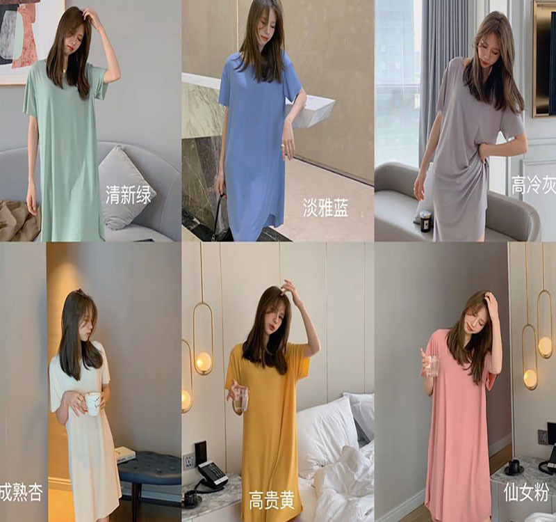 2023 New Korean Style Cool Long Dress Women's Summer Thin Outer Wear Pajamas Solid Color Casual Pajamas Cool Dress