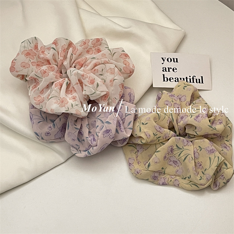 Violet Floral Spring Large Intestine Hair Band Mori Style Vintage Hair Rope Hair Rope Printed Girl's Hair Tie Ponytail Rubber Band