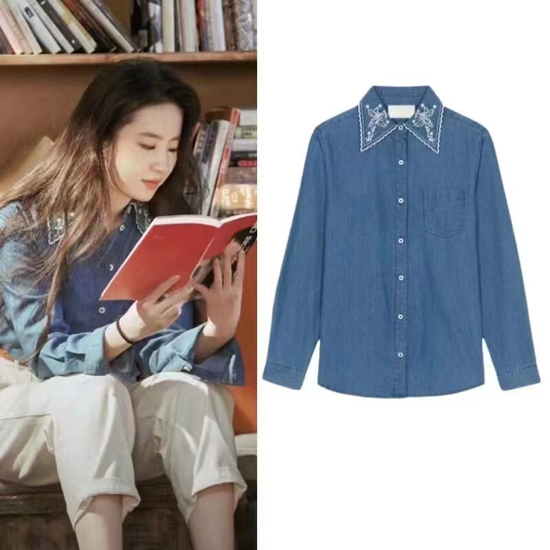 去有风的地方刘亦菲同款刺绣翻领牛仔衬衣许红豆显瘦长袖衬衫