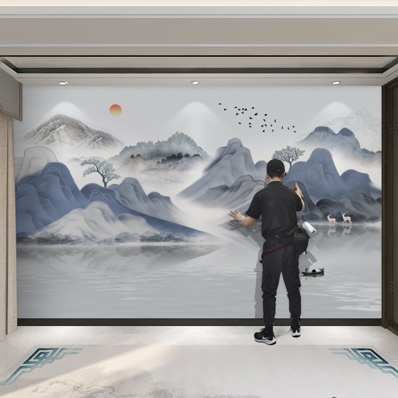 新中式壁画风景客厅墙布壁布水墨意境山水画8d沙发电视背景墙壁纸