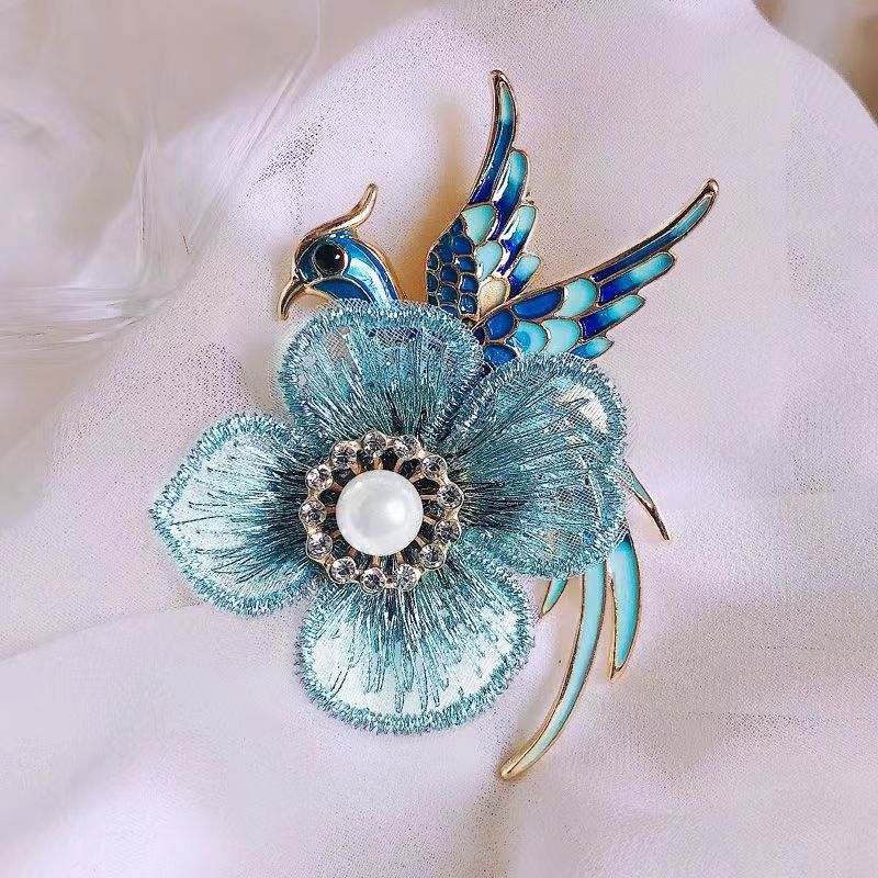 New Retro Hand-Embroidered Birds Facing the Phoenix Brooch Ancient Han Chinese Clothing Accessories Pearl Flower Temperament Wild Corsage