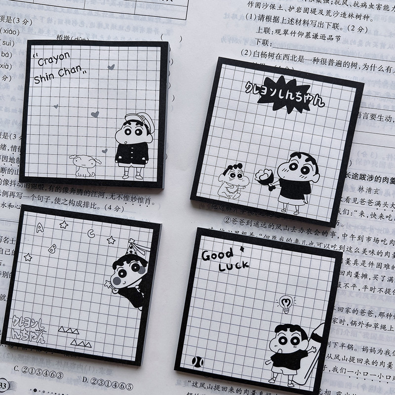 黑白日系蜡笔小新留言贴 卡通格纹手帐便利贴 高颜值记录备忘本子