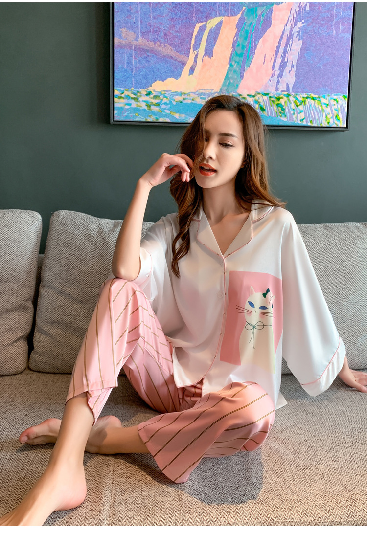 睡衣女夏季冰丝睡衣长袖薄款两件套甜美款蝙蝠袖丝绸猫咪睡衣批发