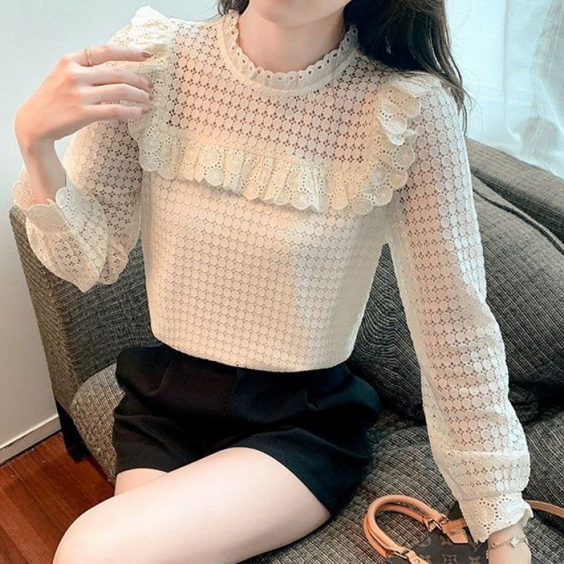 秋冬新款气质荷叶边保暖蕾丝打底衫女洋气镂空长袖加绒加厚雪纺衫