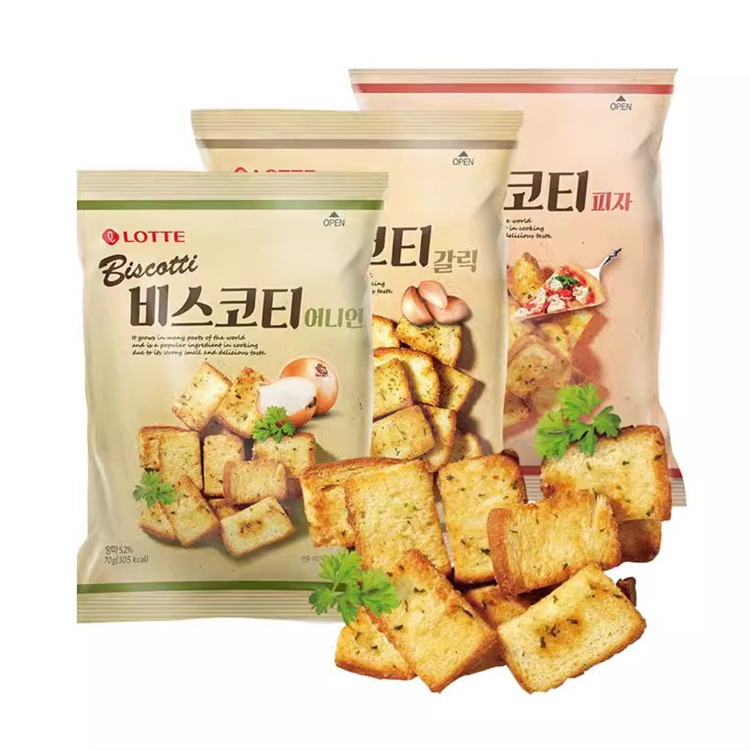 批发韩国进口 乐天蒜香烤面包片70g酥性饼干烤馍片非油炸膨化食品