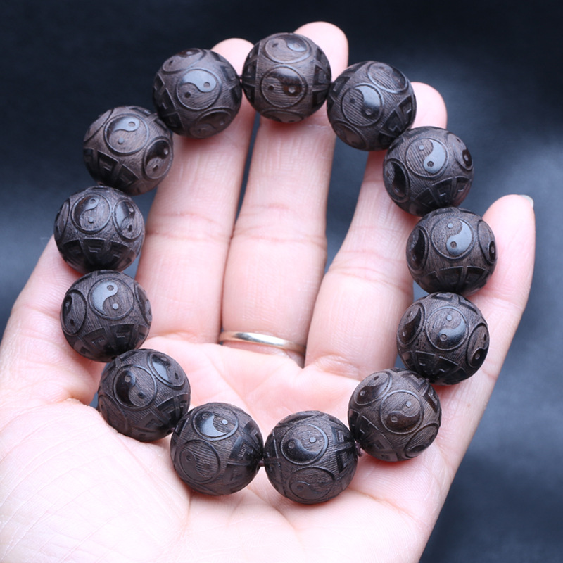 黑檀木 阴阳珠 15mm 20mm 雕刻手串 八卦珠 佛珠手链男女文玩