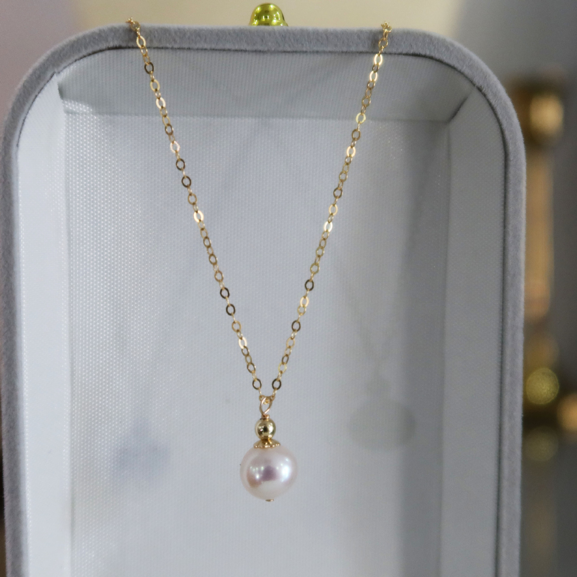 单颗小灯泡美国14k包金天然珍珠项链淡水akoya珍珠项链锁骨链8mm