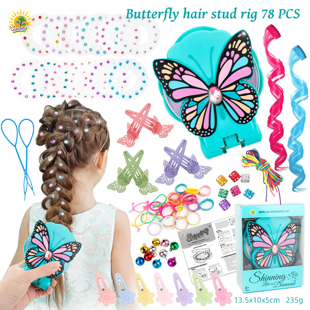 Cross-Border Multiple Hair Diamond Sticker Toy Girl Butterfly Nail Drill Dress up Hair Accessories Set Magic Rhinestone Device