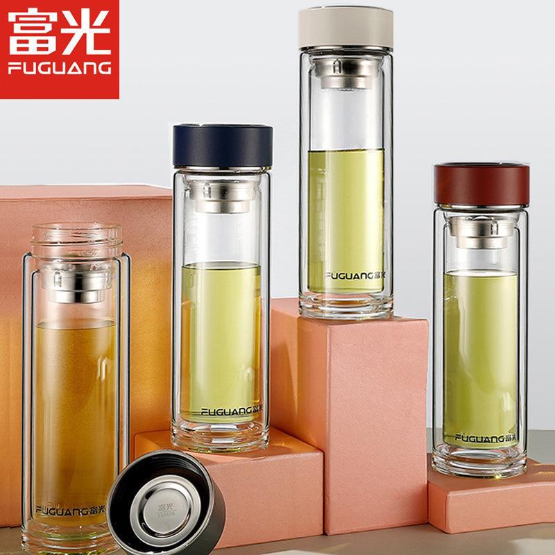 富光双层玻璃杯便携茶水分离商务泡茶杯办公礼盒刻字杯子批发印字