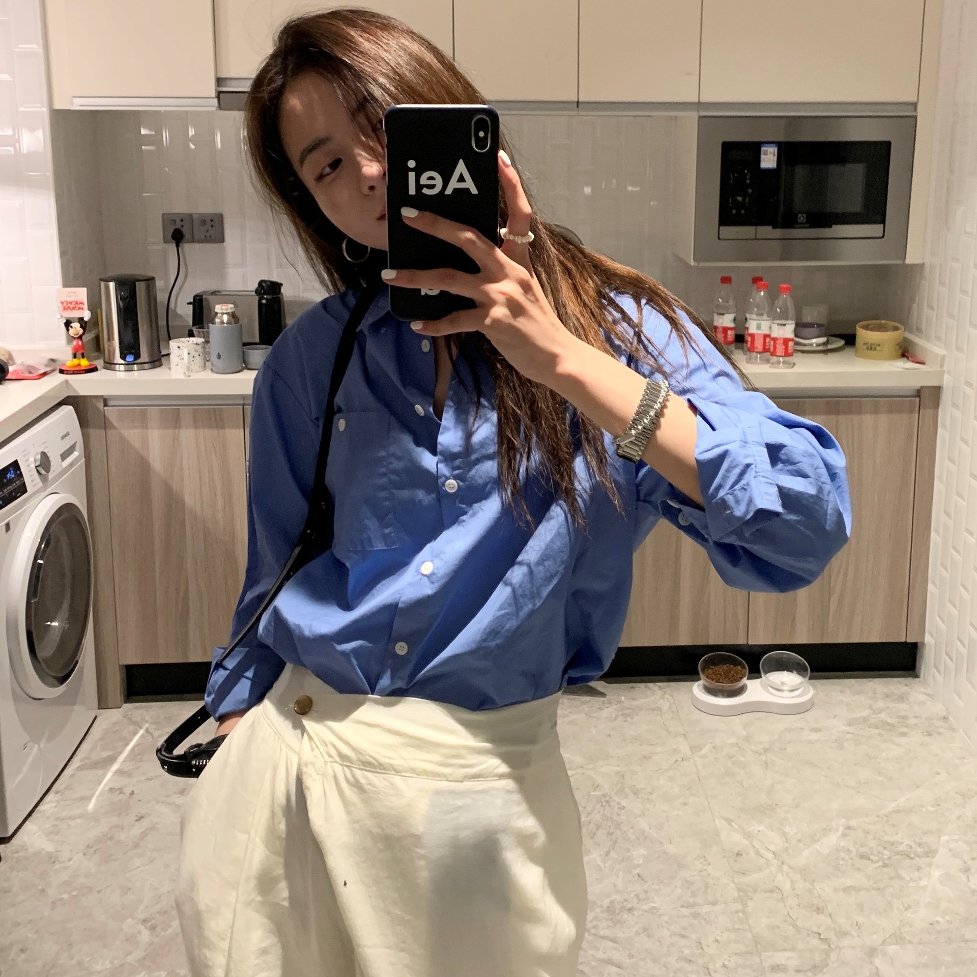 [楠涛]纯色口袋简约衬衫女2021春季韩版宽松衫衣港风长袖外穿上衣