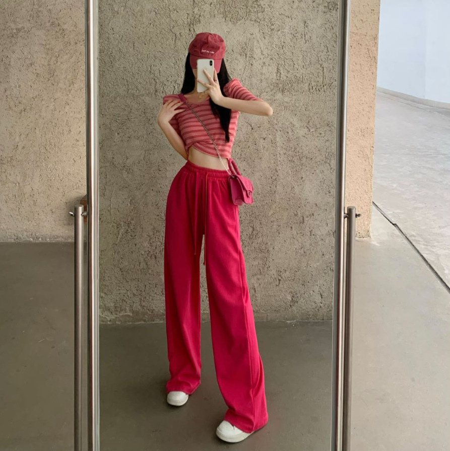 玫红色休闲裤女夏季宽松高腰宽松阔腿裤运动裤显瘦拖地裤子r1927