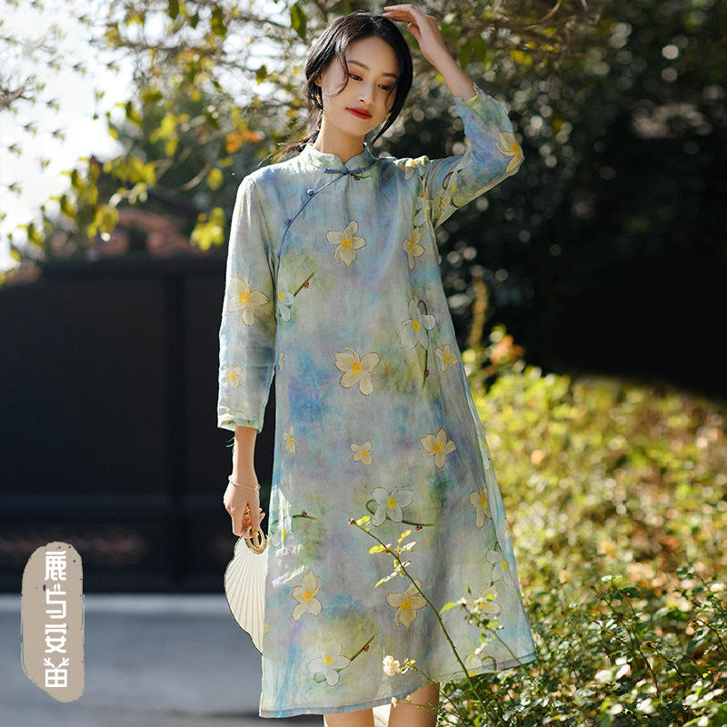 棉麻女装春新款新中式长袖苎麻连衣裙气质中国风复古改良旗袍批发
