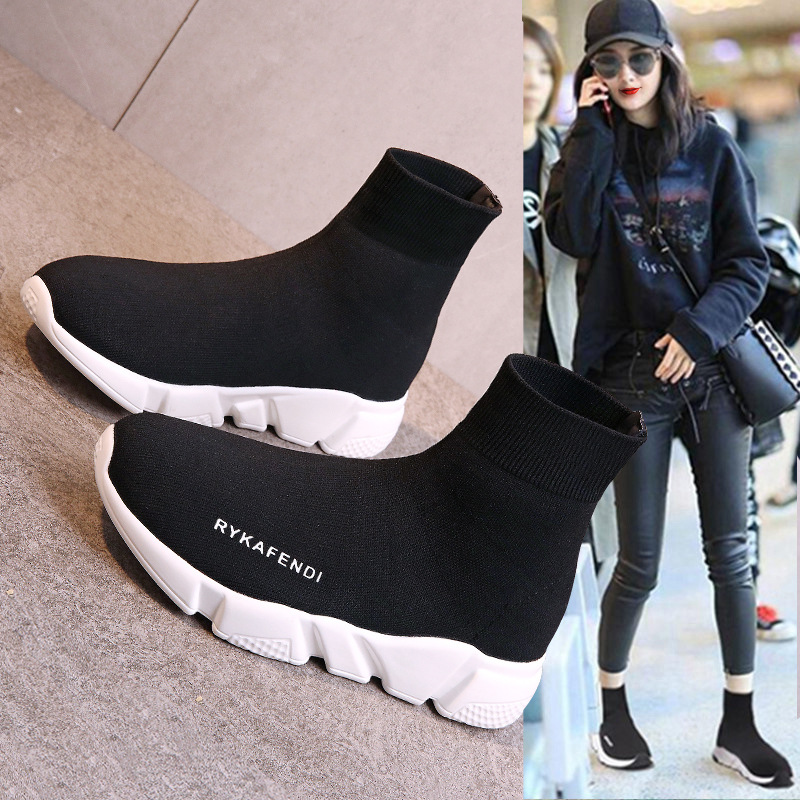 袜子鞋女2021年新款秋冬旅游弹力飞织加绒女鞋运动高帮鞋休闲短靴