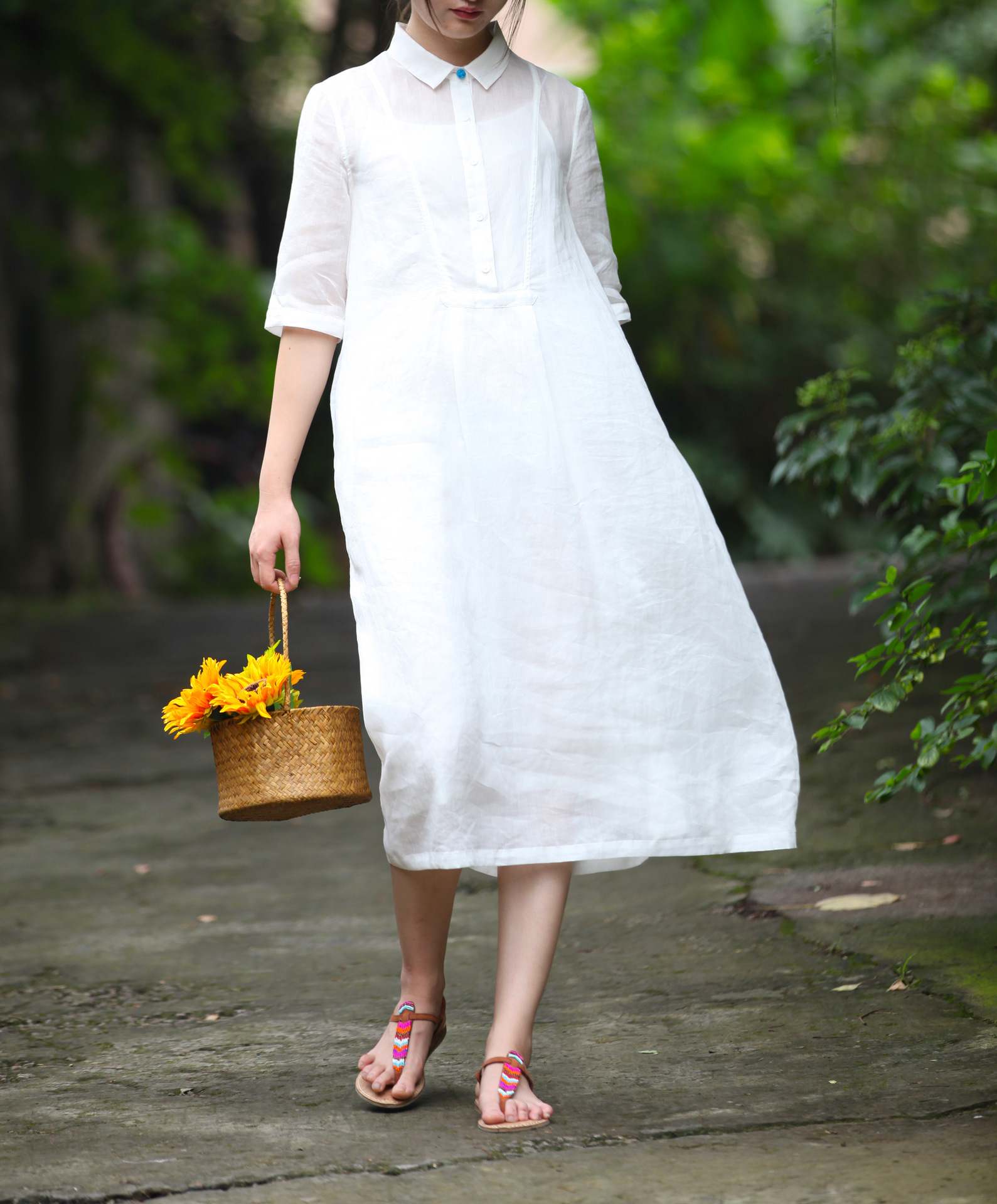 有山设计女装文艺宽松高腰a字裙夏苎麻连衣裙20638