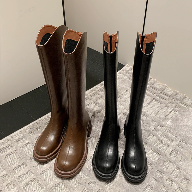腿精韩范大女主v口牛皮骑士靴2023秋冬新款圆头简约后拉链长筒靴