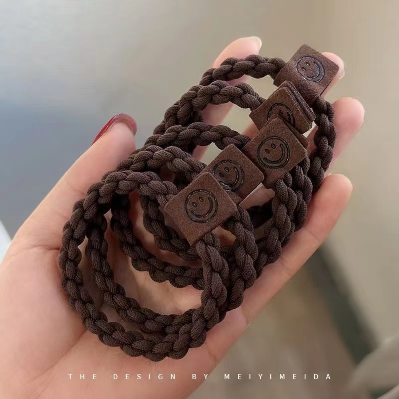 Autumn and Winter Twist Hair Rope Milk Coffee Color Headband Smiley Face Leather Tag Hair Band Simple Tie-up Hair Rubber Band High Elastic Hair Accessories