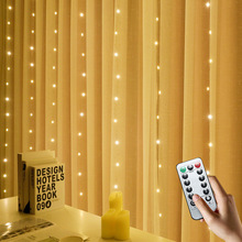 亚马逊新款3*3米LED铜线窗帘灯圣诞节日装饰USB八功能遥控彩灯串