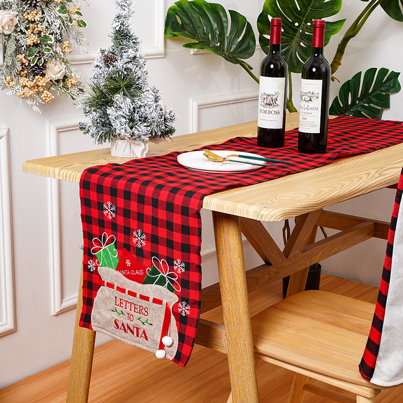 Cross-Border New Arrival Christmas Decorations Table Runner Christmas Gift Bag Embroidered Plaid Table Runner Home Dining Table Ornament Decoration