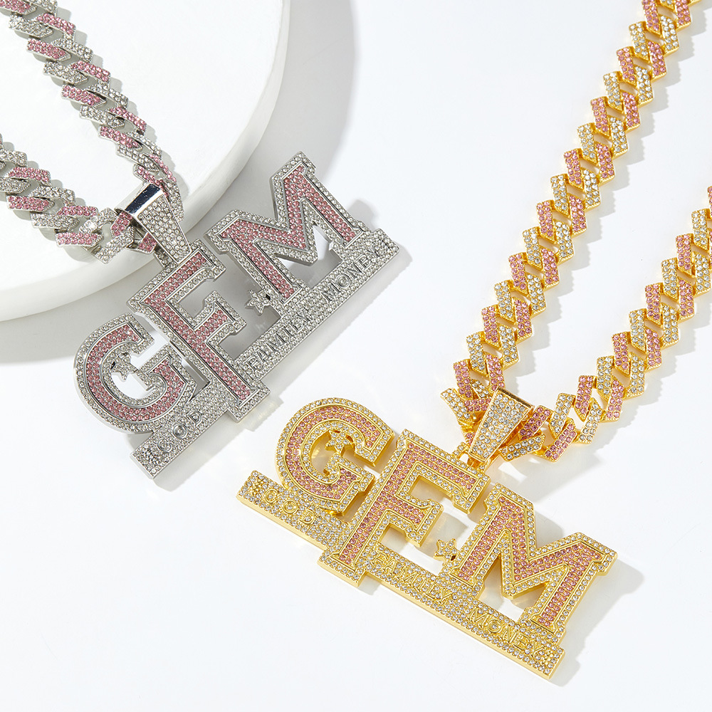 欧美hiphop男士潮牌镶钻水钻gfm字母吊坠个性嘻哈粉钻古巴项链女